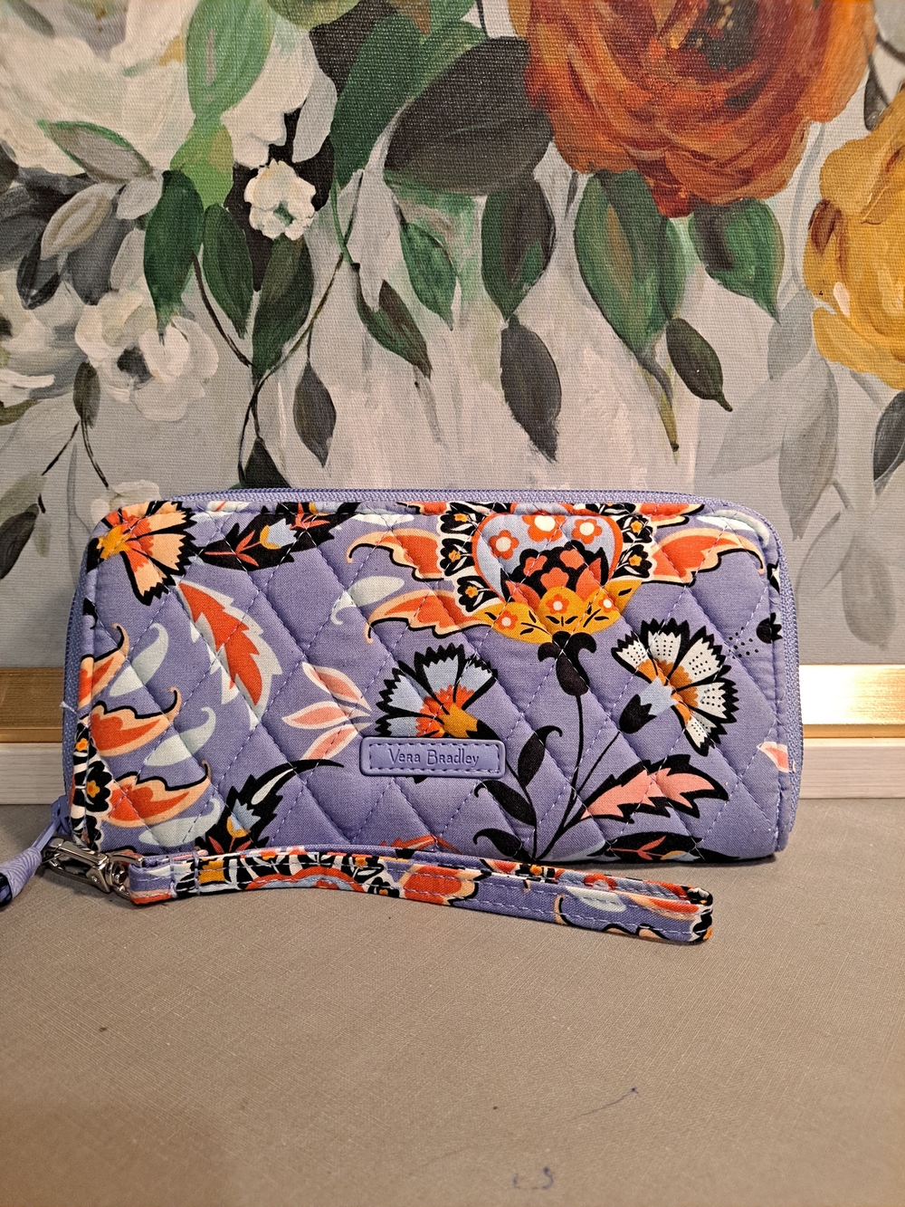 Vera Bradley Mural Garden Lavender Orange Floral Quilted Cotton Wristlet Wallet